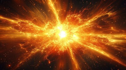 Fiery golden cosmic explosion with radiant beams and glowing plasma cloud against a starry space background, evoking awe and cataclysmic intensity