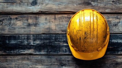 Yellow safety helmet on rustic wooden planks. Use in safety training or construction theme