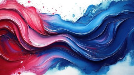 swirling red, pink and blue paint strokes forming thick textured impasto waves with splattered droplets, vibrant and energetic abstract flow