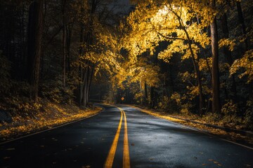 Fototapeta premium Autumn road with yellow leaves and double yellow lines 1