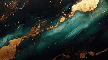 deep teal marble stream with metallic gold leaf splatters and veins on a black background evoking luxury and cosmic mystery