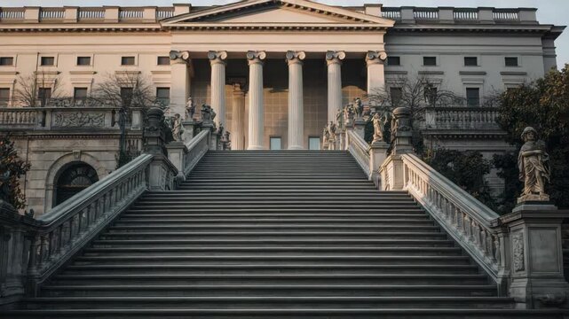 Grand marble neoclassical staircase with ornate stone steps columns and statues leading to grand