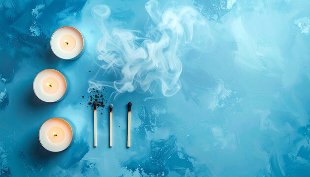 Three burning candles and three extinguished matches with rising smoke on textured blue background create calm, moody atmosphere, perfect for relaxation or meditation concepts - Powered by Adobe