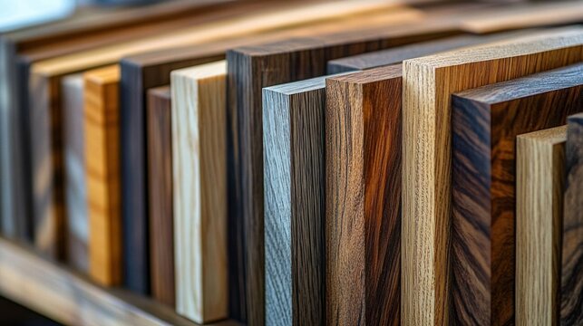 Close-up of vertical wood sample panels with varied grains and warm tones arranged in a neat row, evoking craftsmanship and thoughtful material selection
