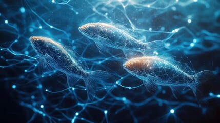 three glowing wireframe fish swim through a luminous blue neural network, ethereal serene futuristic underwater scene