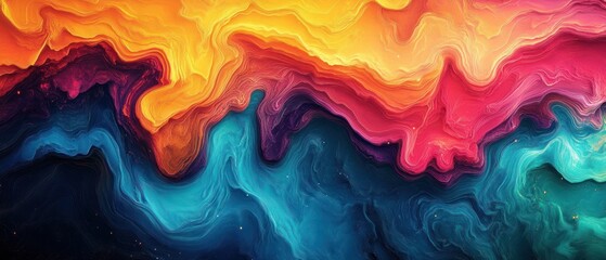 vibrant swirling abstract waves of warm yellows, oranges and pinks blending into deep blues and teals with fluid layered texture conveying dynamic energy and awe