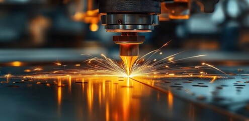 CNC laser cutting head slicing a steel sheet with a shower of bright orange sparks and glowing reflections, conveying intense precision and dynamic industrial energy