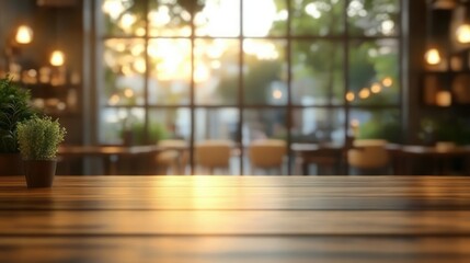 empty wooden table in a cozy sunlit cafe with potted plant, large grid windows and blurred seating creating a warm inviting and relaxed atmosphere