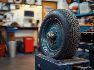 single car wheel with blue steel rim and visible tread mounted on a balancing machine in a busy garage workshop, blurred tools and toolbox in background, conveying focused mechanical precision
