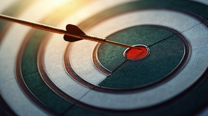 Close-up golden dart piercing a red bullseye on concentric target rings, warm light conveying precision, triumph and focused determination
