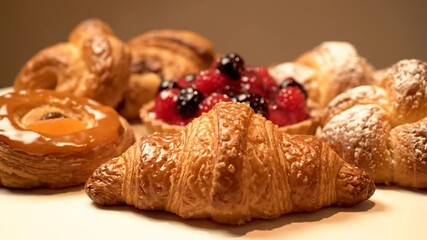 Assortment of pastries, including croissants, tarts with fruit, and baked goods, golden and appetizing