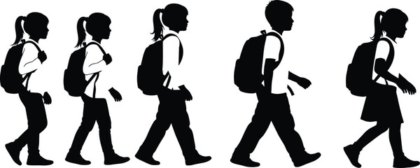 Obraz premium school, children, walking, silhouette, backpack, student, uniform, black, white, icon, illustration, vector, design, symbol, education, commute, group, motion, learning, journey