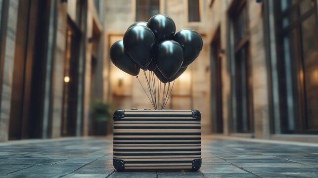 striped suitcase tethered to cluster of black balloons in an empty grand corridor, whimsical and melancholic mood