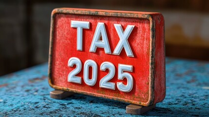 Rustic red metal sign with bold white three-dimensional letters reading TAX 2025 on a weathered blue tabletop evoking urgency and concern