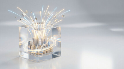 Financial Growth Strategy, Data Streams Erupting from a Transparent Cube, Illuminating a Bright Professional Background