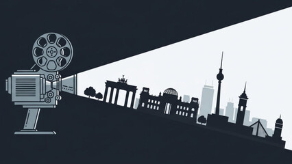 Berlin cityscape at night with film projector shining light on famous landmarks like brandenburg gate and tv tower, cinematic view of urban landscape with historical