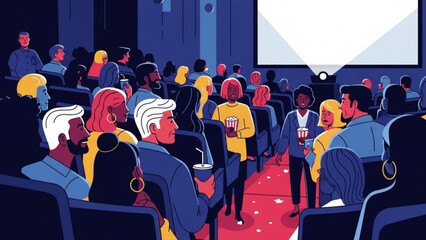Diverse group of people sitting and standing in a crowded movie theater with snacks and drinks, watching a film on the big screen