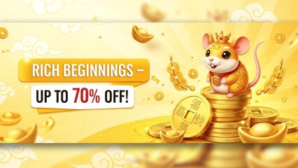 The mouse sits on a stack of gold coins with a 'RICH BEGINNINGS - UP TO 70% OFF!' promotion in a luxurious environment.
