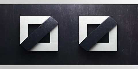 Twin minimalist geometric compositions: white hollow square frames with central black voids crossed by textured diagonal dark bands on a balanced dark textured panel and light trim