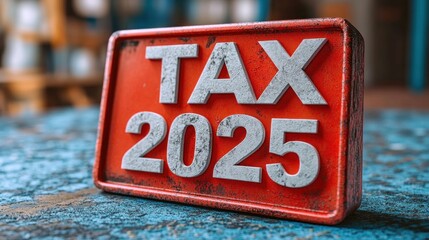 Worn red block sign reading TAX 2025 resting on a chipped blue surface with blurred shelves in the background, conveying urgency and looming financial pressure