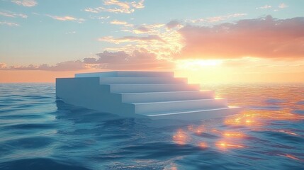 white geometric staircase platform rising from calm ocean at sunrise with golden reflections, pastel sky and clouds, evoking serene dreamlike tranquility