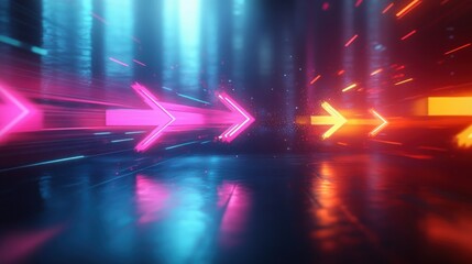 Glowing neon arrows racing forward with magenta and orange light trails across a reflective wet floor in a futuristic corridor, evoking high-energy motion and speed