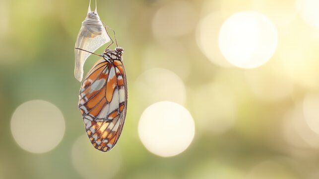 chrysalis. Butterfly emerging from its chrysalis with morning dew on its wings. wildlife magazines, conservation campaigns, designed for wildlife conservation campaigns, used by procurement managers.