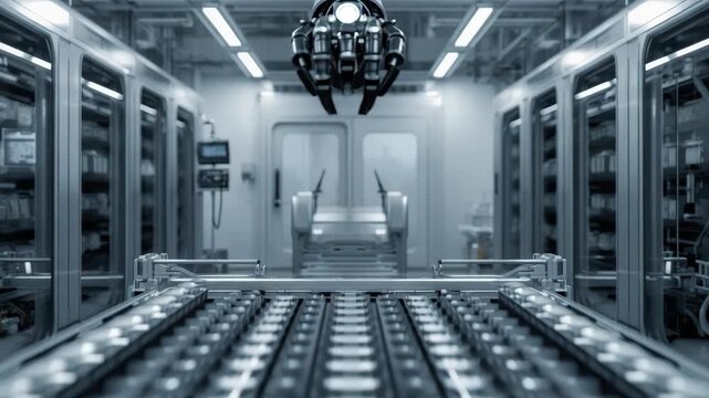 Robotic assembly arm inspecting electronic components futuristic manufacturing production line with