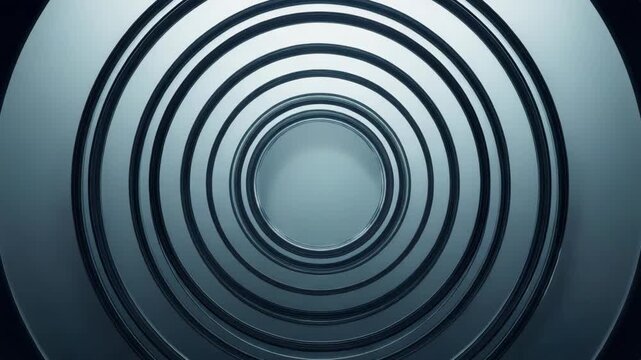 Concentric glass ring tunnel with abstract circular pattern and cool blue teal reflective tones