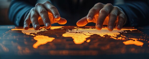 Hands hovering over a glowing orange digital world map on a touchscreen table, suit sleeves visible, evoking focus, control and futuristic strategy
