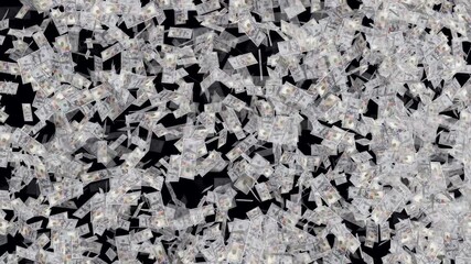 Money rain animation on black background. One hundred dollar banknotes falling down. It's like money falling from the sky. Dollar notes flying free motion. Close up money falling from the dark sky.