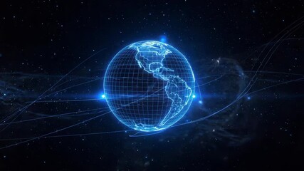 Globe wireframe digital network in space with glowing data grid and connected holographic trails - Powered by Adobe