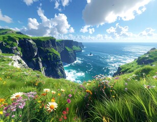Scenic coastal landscape with vibrant green cliffs, ocean, and flowers