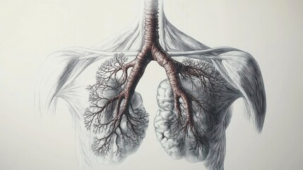 detailed anatomical illustration of human lungs and bronchial tree with trachea and surrounding upper chest muscles, delicate branching structures conveying fragility and clinical intensity