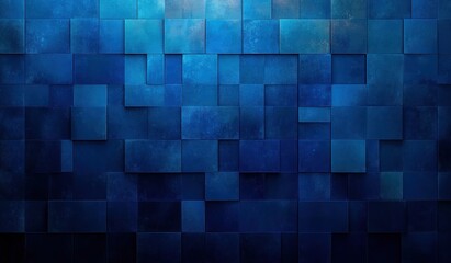 Layered textured blue square mosaic wall with overlapping tiles and gradient lighting, a calm and mysterious abstract geometric backdrop