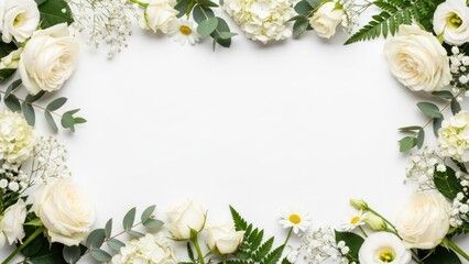 Elegant floral arrangement featuring white roses, hydrangeas, and greenery with blank space