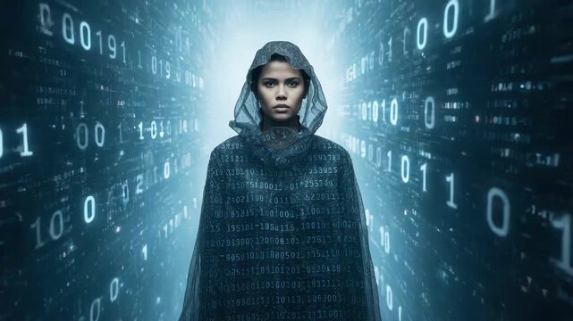 Mysterious woman in digital hooded cloak with glowing binary code in cyber corridor cloak