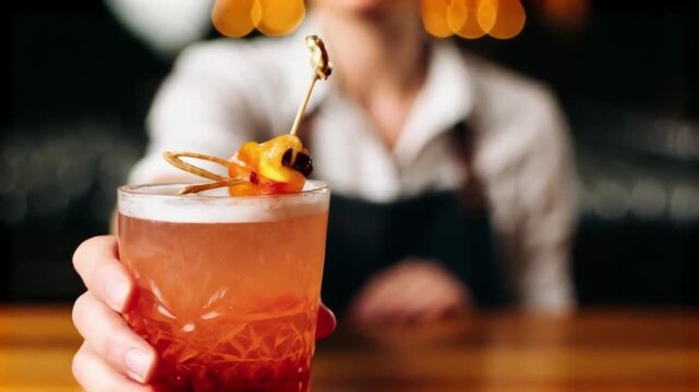 Crafting a perfect cocktail experience Bartender serving a vibrant drink in a stunning video setting