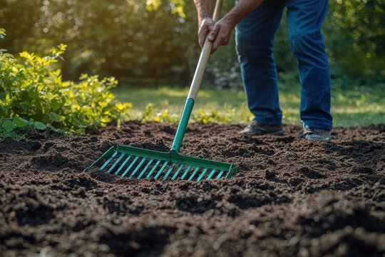 person raking freshly turned dark soil with a green garden rake in a sunlit backyard, focused peaceful gardening work