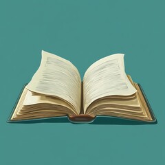 Open hardcover book with fanned cream pages resting on a teal background, evoking calm curiosity and quiet contemplation