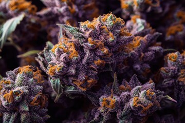 close-up of dense purple cannabis bud clusters with orange pistils, green sugar leaves and sparkling crystalline trichomes, lush textured macro conveying rich intense luxurious mood