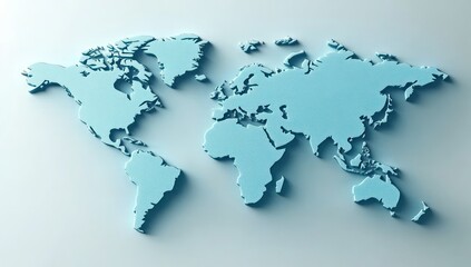 three-dimensional light blue world map with raised continents casting soft shadows on a minimalist pale background, evoking a calm modern global perspective