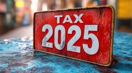 Rusty red metal sign reading tax 2025 with bold white numbers on a weathered blue table and blurred urban background, evoking urgency and financial concern