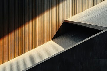 sunlit wooden slatted wall with angled concrete ledges casting strong geometric shadows, minimalist warm and serene interior composition