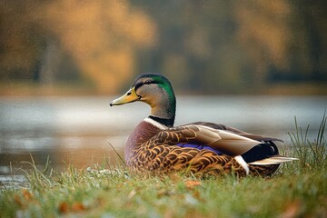 peaceful male mallard duck with iridescent green head and patterned brown plumage resting on grassy lakeshore beside calm water with blurred autumn trees in warm golden light