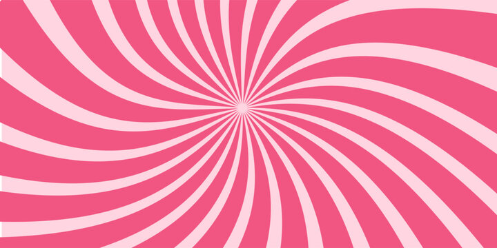 Candy color sunburst background. Pink rotating sunbeams design wallpaper. Colorful spinning lines for template, banner, poster, flyer. Sweet cartoon swirl or whirlpool. Vector backdrop