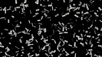 Money rain animation on black background. One hundred dollar banknotes falling down. It's like money falling from the sky. Dollar notes flying free motion. Close up money falling from the dark sky.