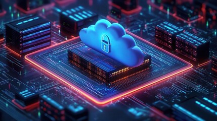 futuristic glowing blue cloud with padlock hovering over illuminated server racks on a neon circuit board conveying secure protected data and a sense of safety