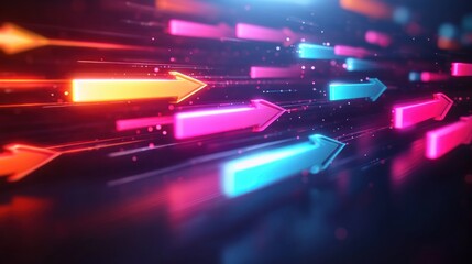 neon glowing arrows in blue, pink and orange streaking across a dark background with light trails and particles, conveying dynamic futuristic speed and energetic motion