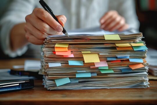 person marking a thick stack of paper documents covered in colorful sticky tabs on a wooden desk, conveying busy focused work